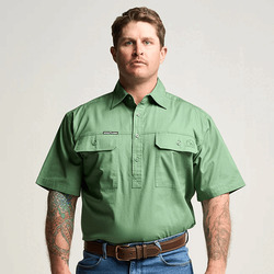 KILCOY | Mens Half Button Long Sleeve Work Shirt - Gum Leaf Green